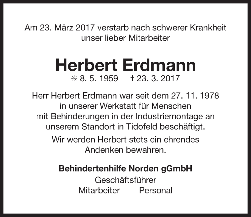  Traueranzeige für Herbert Erdmann vom 25.03.2017 aus 
