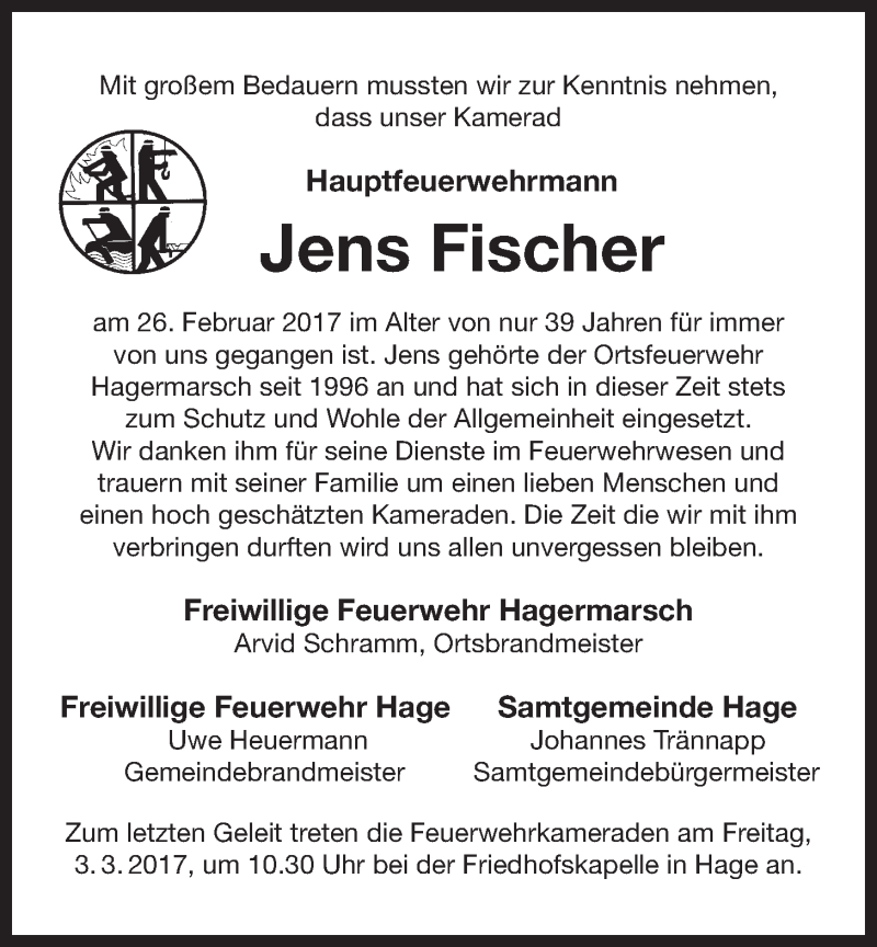  Traueranzeige für Jens Fischer vom 01.03.2017 aus 