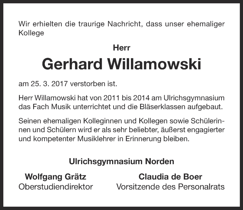  Traueranzeige für Gerhard Willamowski vom 29.03.2017 aus 