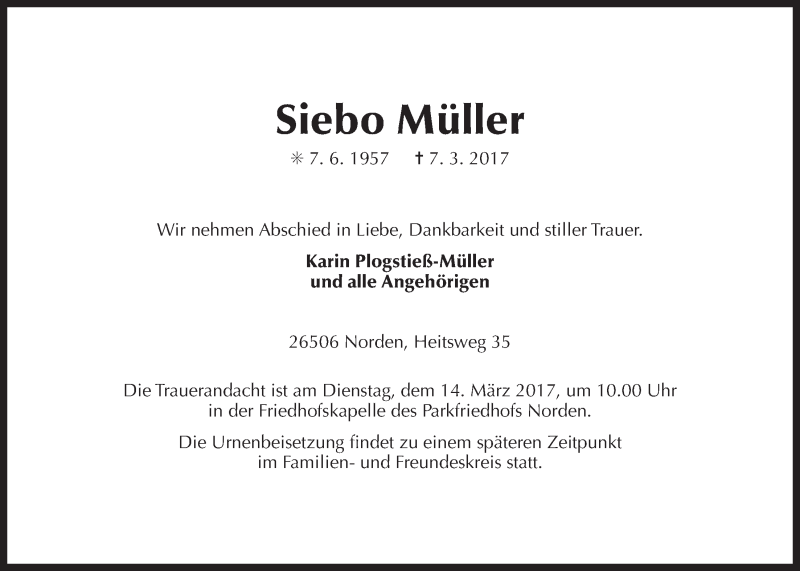 Traueranzeige für Siebo Müller vom 10.03.2017 aus 