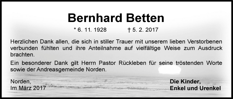  Traueranzeige für Bernhard Betten vom 18.03.2017 aus 