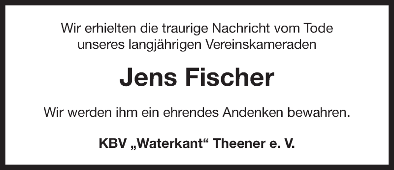  Traueranzeige für Jens Fischer vom 02.03.2017 aus 