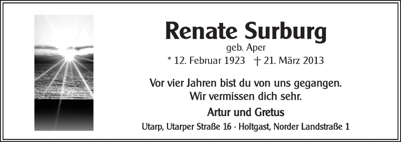  Traueranzeige für Renate Surburg vom 21.03.2017 aus 