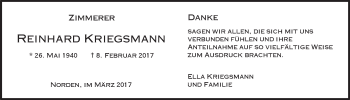 Traueranzeige von Reinhard Kriegsmann 