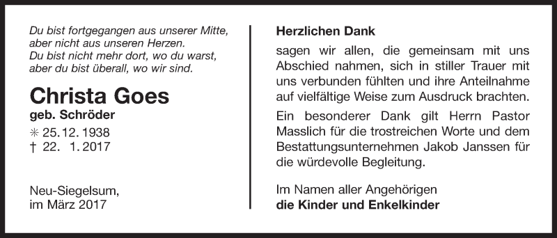  Traueranzeige für Christa Goes vom 04.03.2017 aus 