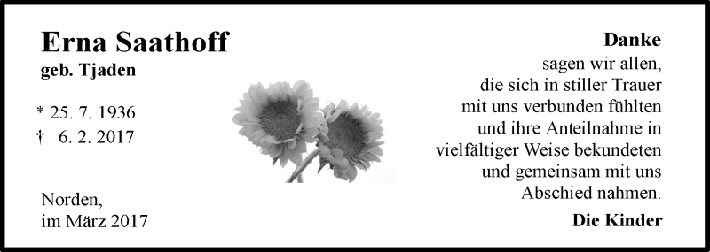  Traueranzeige für Erna Saathoff vom 18.03.2017 aus 