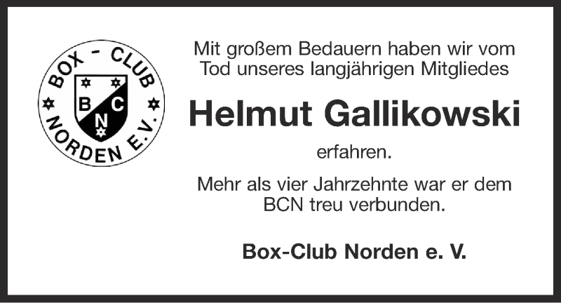  Traueranzeige für Helmut Gallikowski vom 10.02.2017 aus 