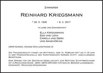 Traueranzeige von Reinhard Kriegsmann 