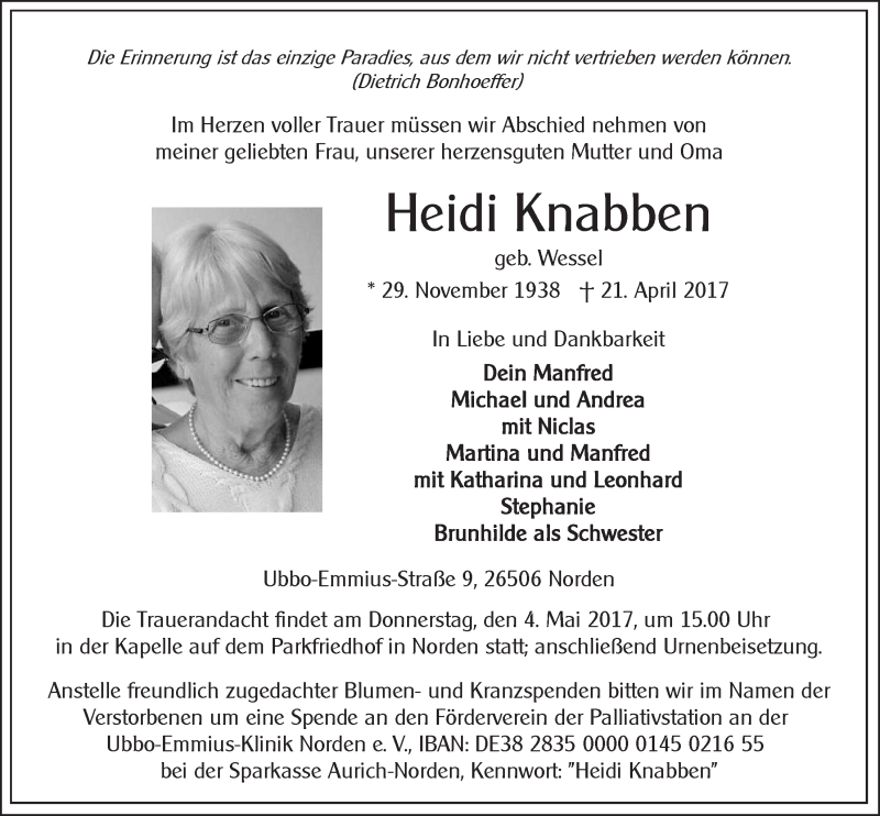  Traueranzeige für Heidi Knabben vom 25.04.2017 aus 