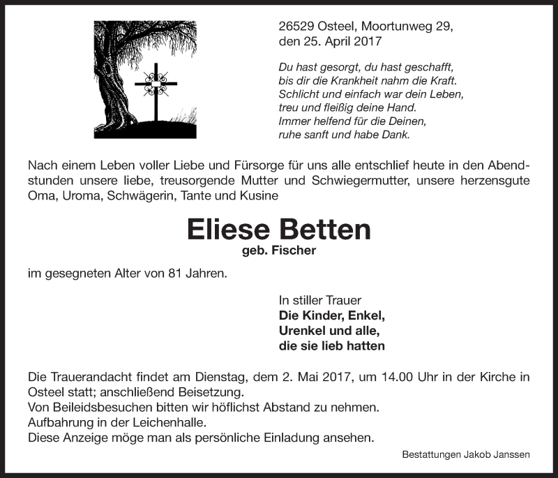  Traueranzeige für Eliese Betten vom 27.04.2017 aus 