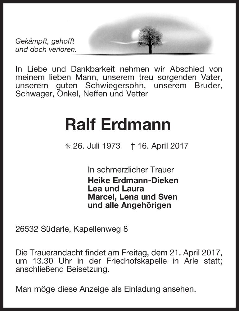  Traueranzeige für Ralf Erdmann vom 18.04.2017 aus Ostfrisischer Kurier