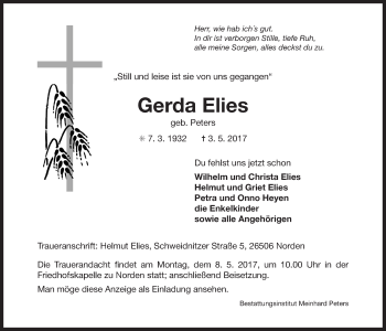 Traueranzeige von Gerda Elies 
