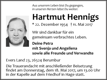 Traueranzeige von Hartmut Hennigs 