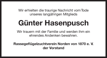 Traueranzeige von Günter Hasenpusch 