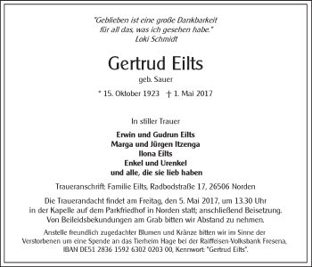 Traueranzeige von Gertrud Eilts 