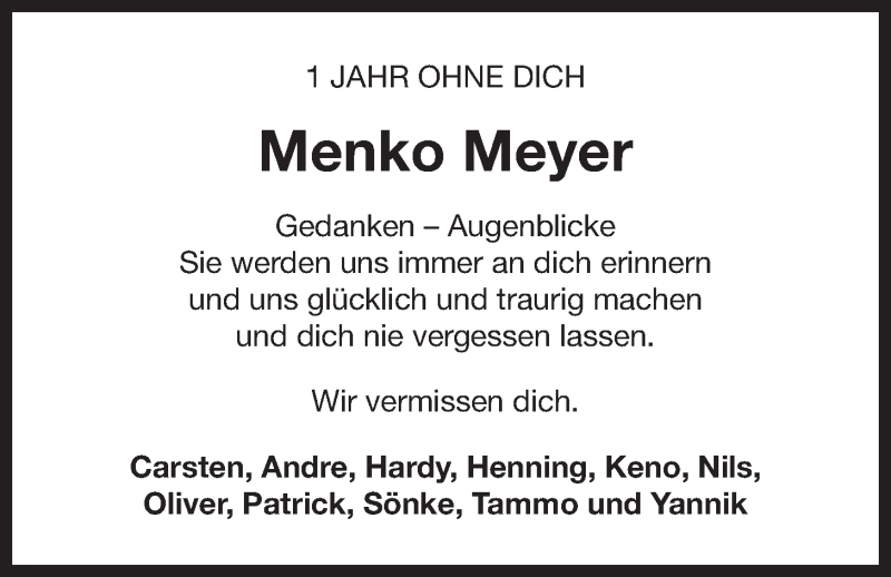  Traueranzeige für Menko Meyer vom 04.05.2017 aus 