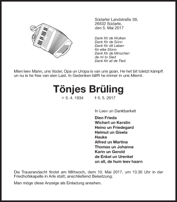 Traueranzeige von Tönjes Brüling 
