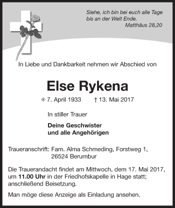 Traueranzeige von Else Rykena 