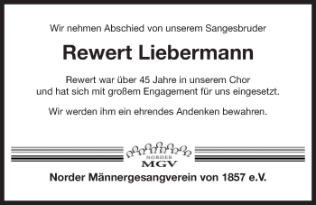 Traueranzeige von Rewert Liebermann 