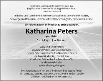 Traueranzeige von Katharina Peters 