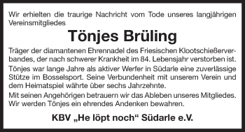 Traueranzeige von Tönjes Brüling 