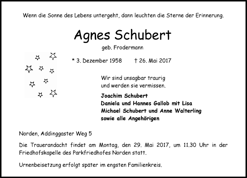  Traueranzeige für Agnes Schubert vom 27.05.2017 aus 