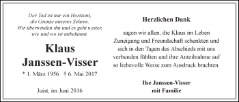 Traueranzeige von Klaus Janssen-Visser 