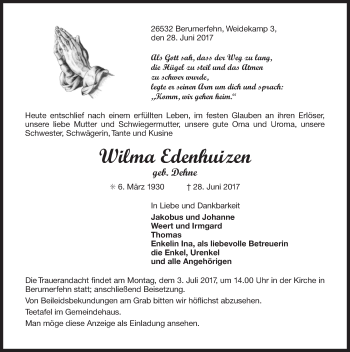 Traueranzeige von Wilma Edenhuizen 