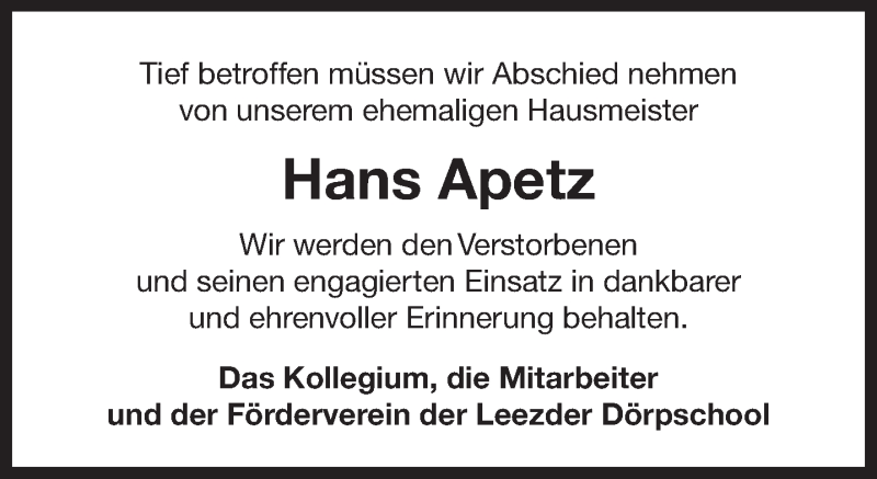  Traueranzeige für Hans Apetz vom 13.06.2017 aus 