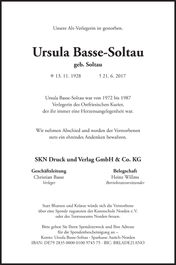 Traueranzeige von Ursula Basse-Soltau 