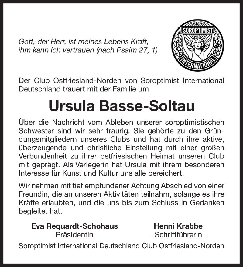  Traueranzeige für Ursula Basse-Soltau vom 28.06.2017 aus 