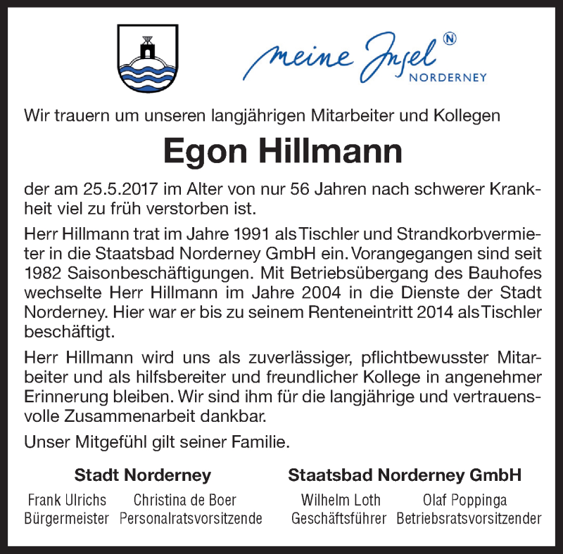  Traueranzeige für Egon Hillmann vom 16.06.2017 aus 