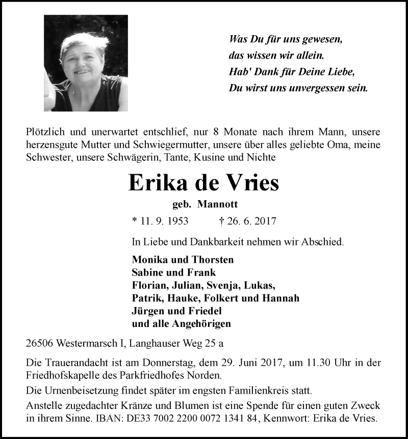  Traueranzeige für Erika de Vries vom 28.06.2017 aus 
