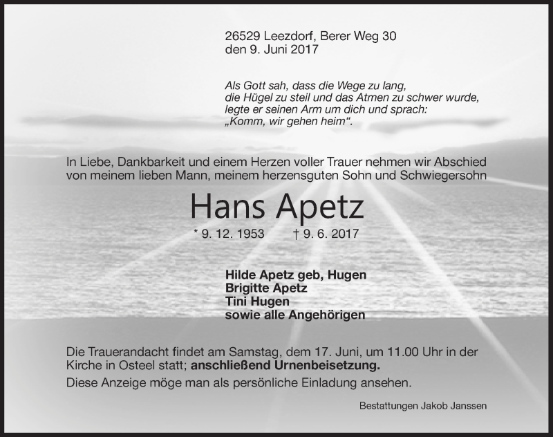  Traueranzeige für Hans Apetz vom 12.06.2017 aus 