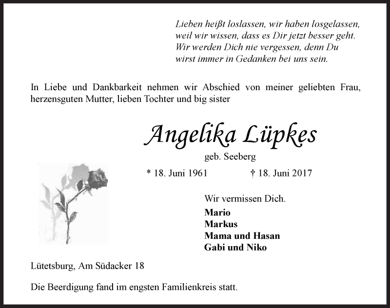  Traueranzeige für Angelika Lüpkes vom 23.06.2017 aus 