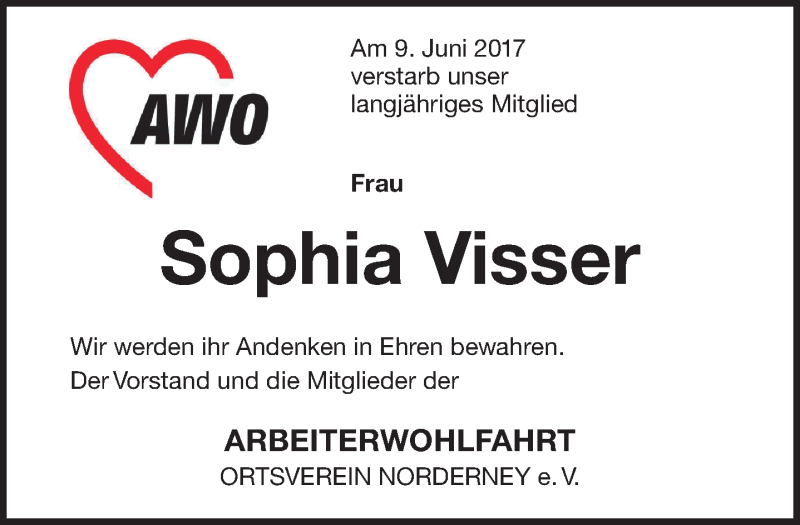  Traueranzeige für Sophia Visser vom 17.06.2017 aus 