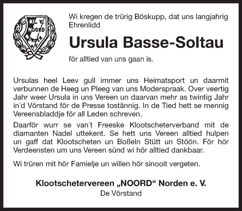  Traueranzeige für Ursula Basse-Soltau vom 29.06.2017 aus 