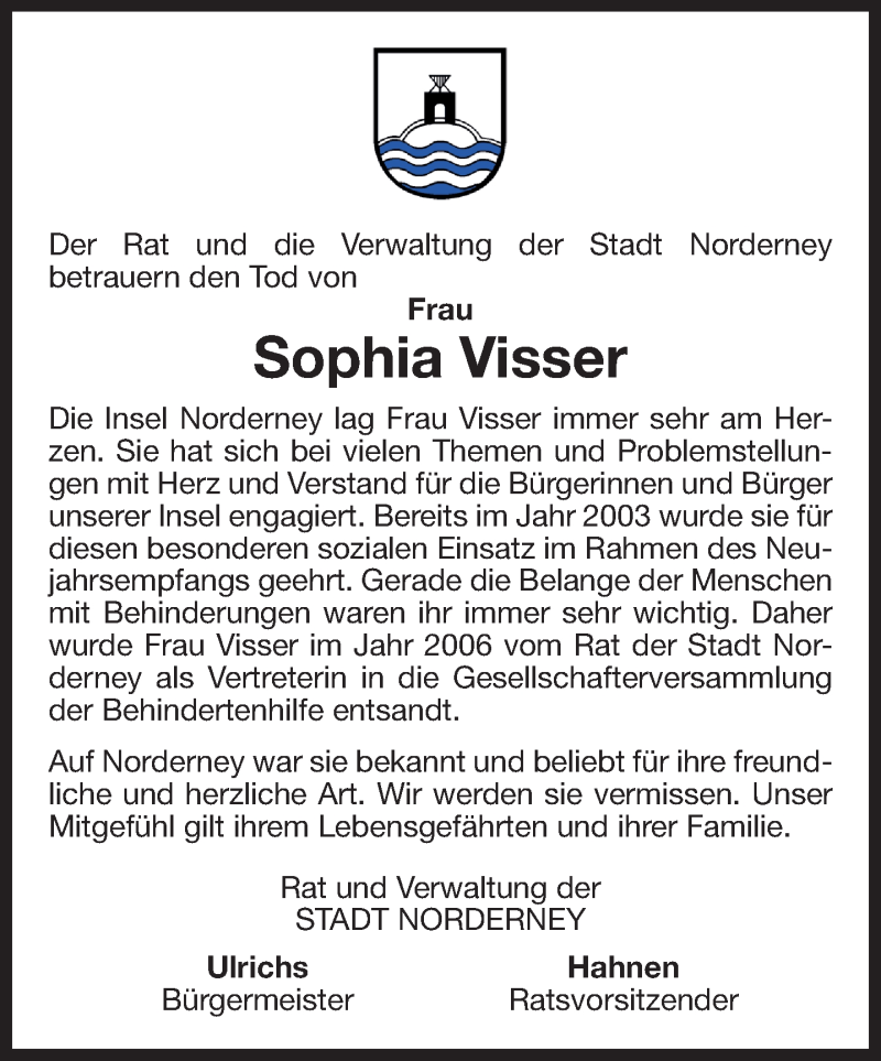  Traueranzeige für Sophia Visser vom 21.06.2017 aus 