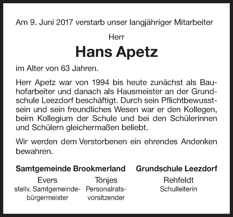  Traueranzeige für Hans Apetz vom 13.06.2017 aus 