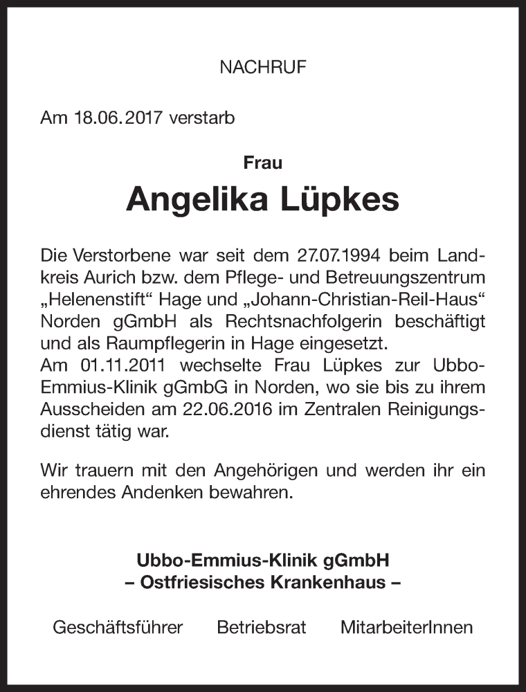  Traueranzeige für Angelika Lüpkes vom 29.06.2017 aus 