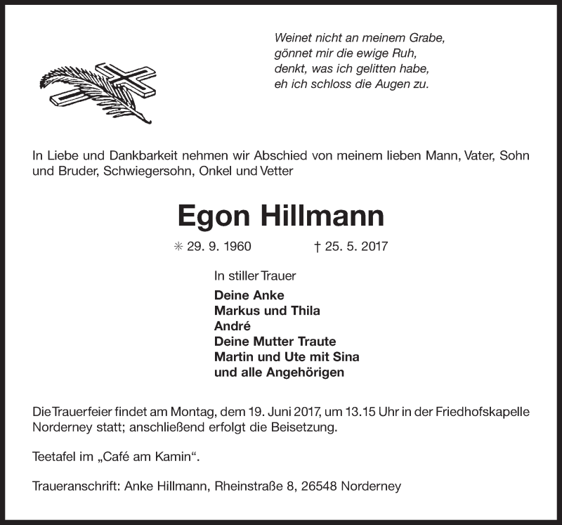  Traueranzeige für Egon Hillmann vom 15.06.2017 aus 