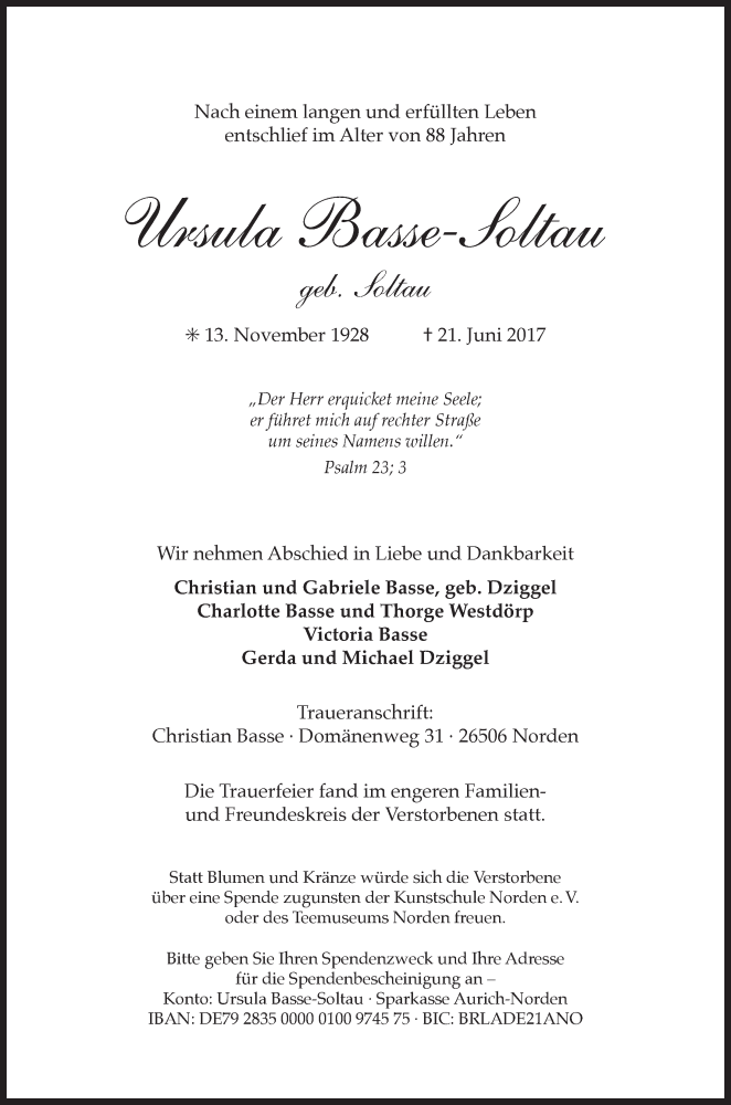  Traueranzeige für Ursula Basse-Soltau vom 28.06.2017 aus 