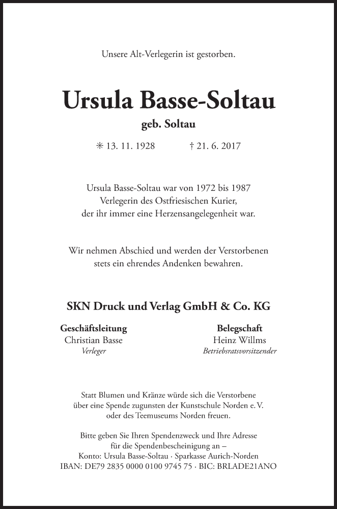  Traueranzeige für Ursula Basse-Soltau vom 28.06.2017 aus 