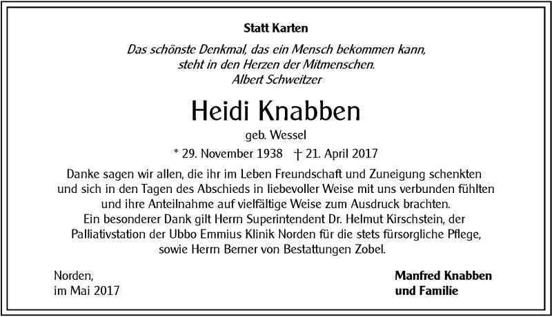  Traueranzeige für Heidi Knabben vom 27.05.2017 aus 