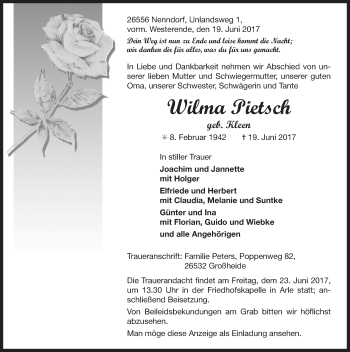Traueranzeige von Wilma Pietsch 