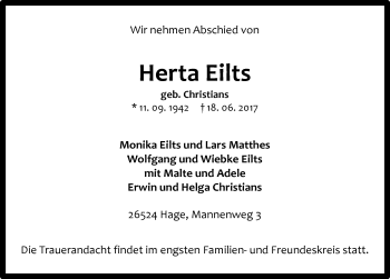 Traueranzeige von Herta Eilts 