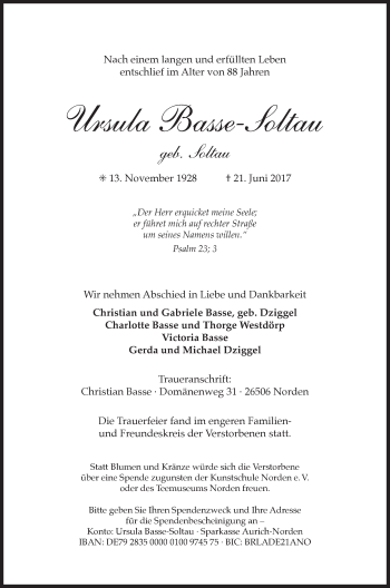 Traueranzeige von Ursula Basse-Soltau 