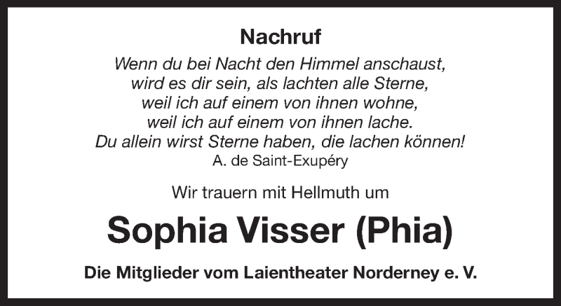  Traueranzeige für Sophia Visser vom 20.06.2017 aus 