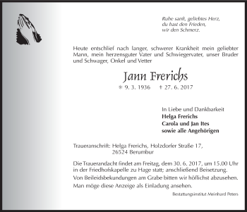 Traueranzeige von Jann Frerichs 