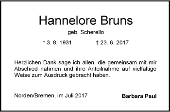 Traueranzeige von Hannelore Bruns 